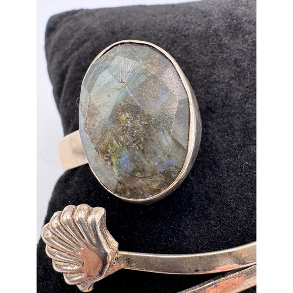 Silver Tone Faceted Labradorite Sea Shell Wrap Bangle Adjustable Boho Bracelet - Picture 4 of 12